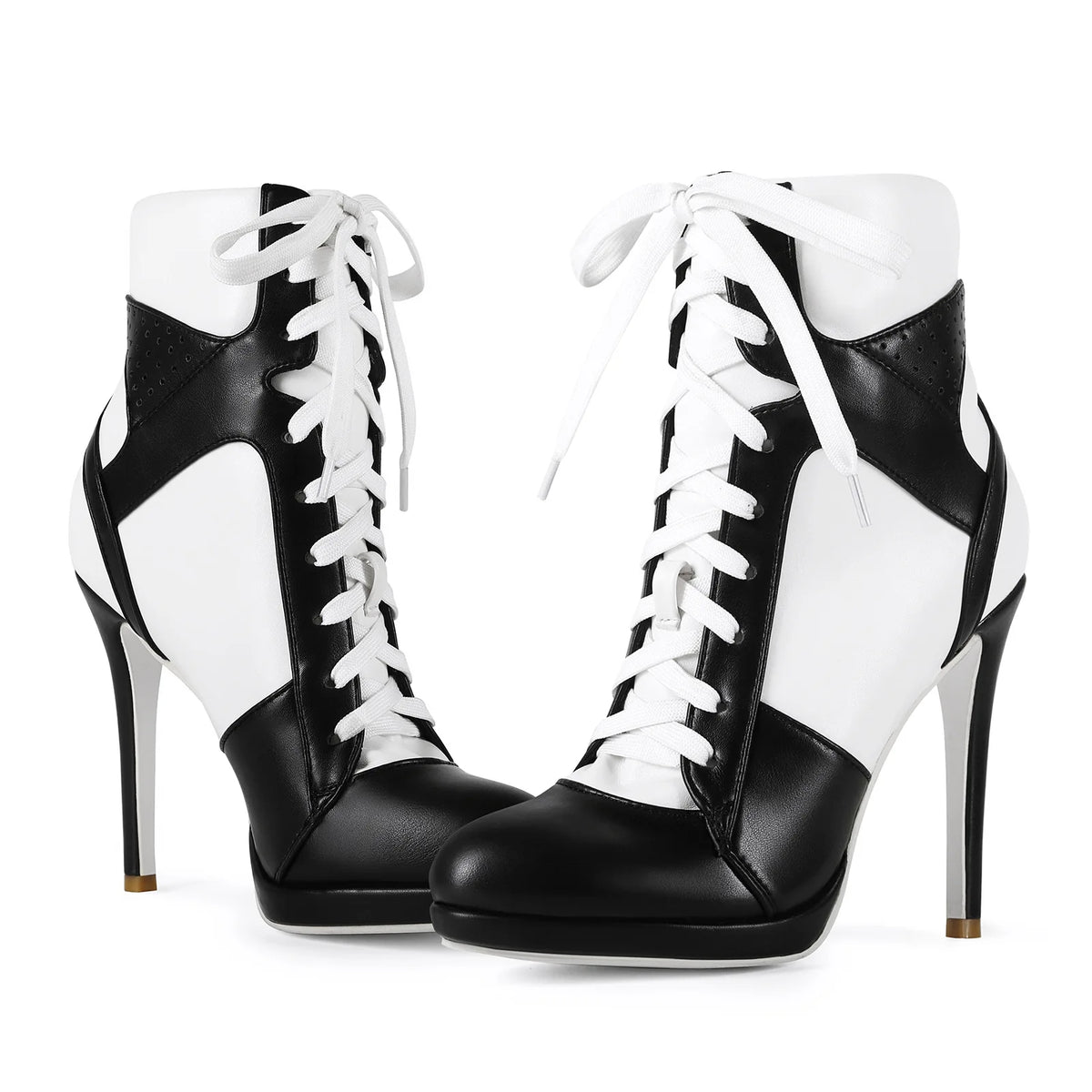 Women High Heel Black White Sports Ankle Boots Slim High Heel Lace Up High Top Sport Boots Plus Size 43
