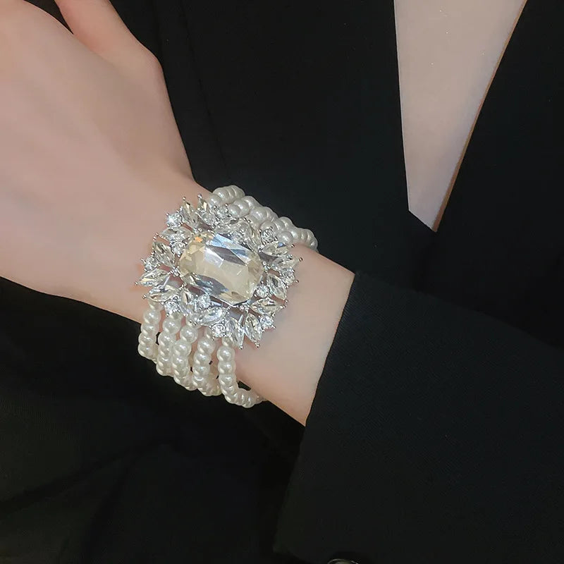 Shiny Big Square Zircon Bracelets Elegant Imitation Pearl Multi-layer Chain Bracelets Bangles for Women Party Wristbands K-