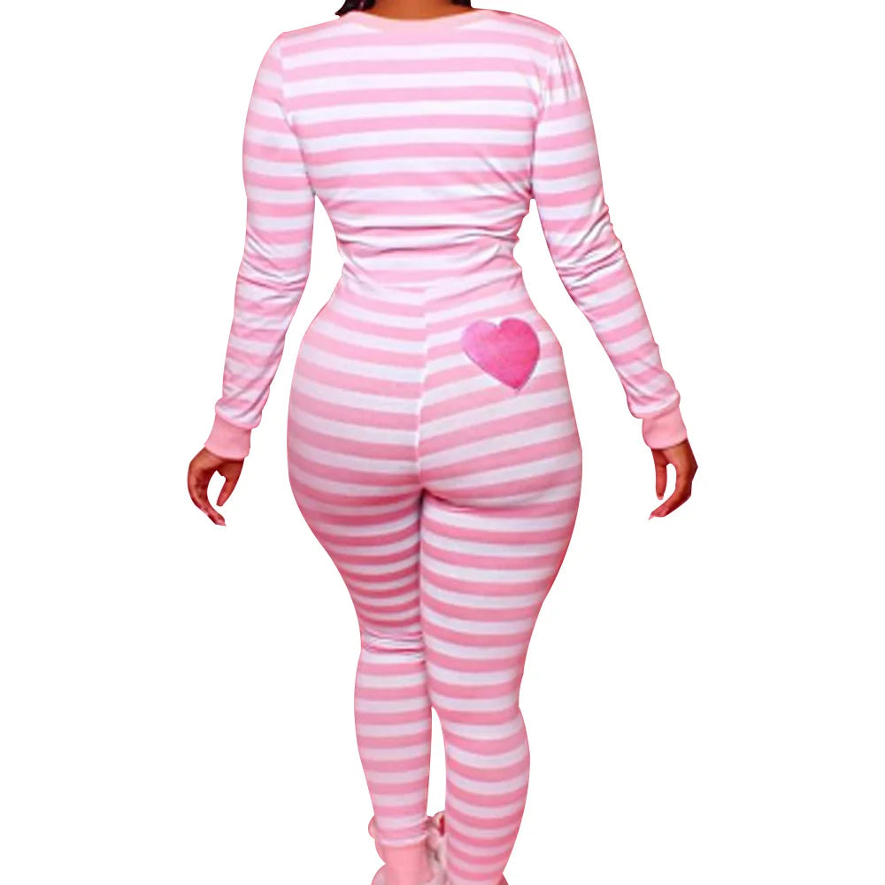 Sexy Christmas Pajamas Romper Women Y2k Stripe Printing Long Sleeve Bodycon 1 Piece Jumpsuit Ugly Christmas Pjs Sleepwear