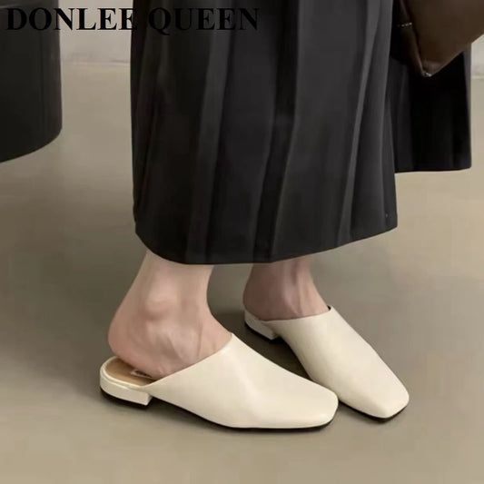 Fashion Square Toe Flat Slippers Women Casual Slip On Mule Luxury Brand Outsides Slides Elegant Pleated Ladies Shoes Sandal Flip