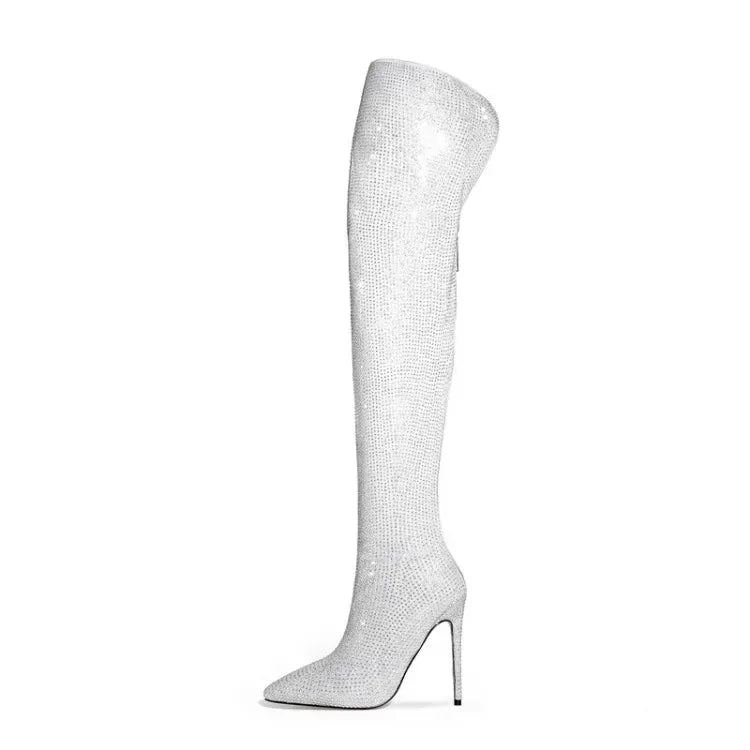Silver Black Rhinestone 12cm High Heel Long Boots New Fashion Show Shiny Diamond Pointed Women's Over The Knee Boots Size 34-46