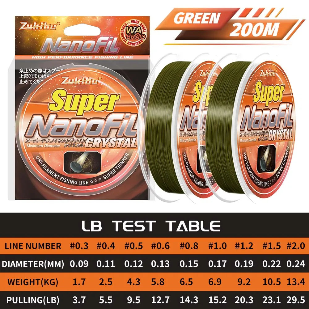 ZUKIBO Nanofil Crystal Unifilament Fishing Line Green Smooth Thin Line Abrasion Resistant Zero Memory for Spinning Reels
