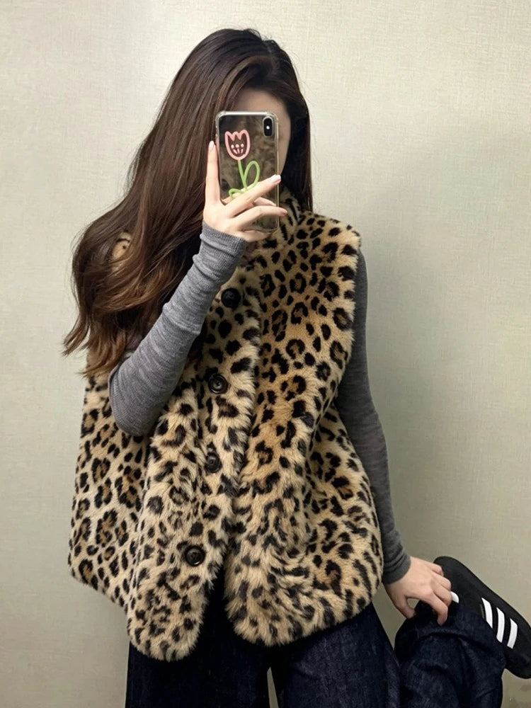 Faux Fur Y2K Leopard Vest Women Loose Vintage Winter Warm O Neck Streetwear Vests Casual Harajuku American Retro Lady Vest Coat