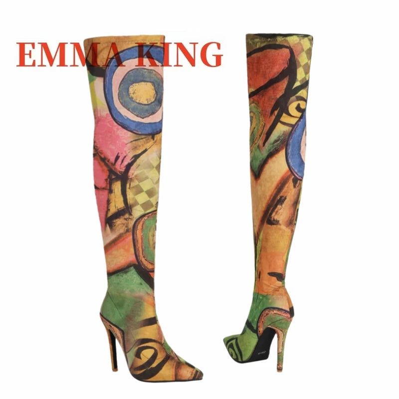 Women's Art Print Thigh High Boots Pointed Toe Stiletto Heel Over The Knee Boots Stretch Fabric Thin Heeled Boots for Party