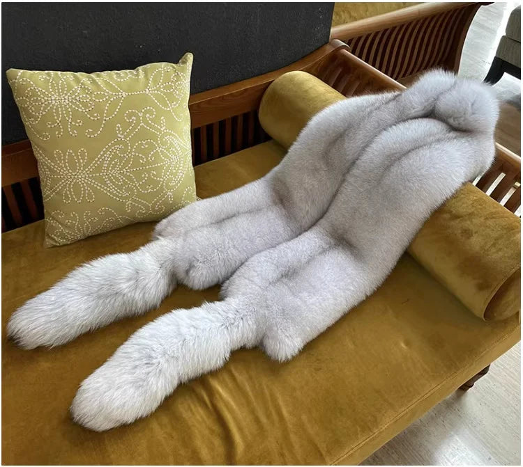 MS.Minshu Long Natural Fox Fur Scarf Genuine Fur Boa Whole Fox Stole with Tails