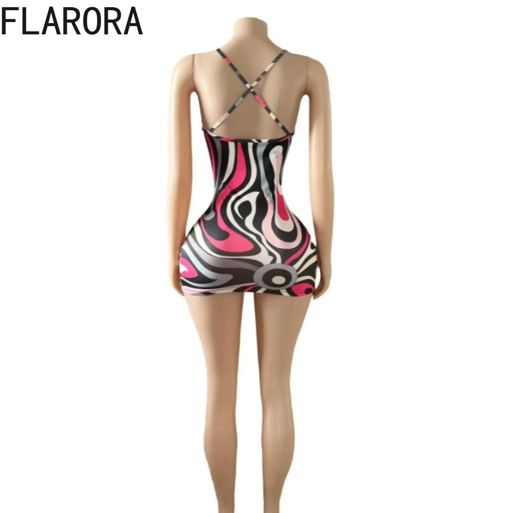 FLARORA Sexy Stripe Print Halter Mini Dress Woman Sleeveless Backless Bodycon Dresses Female Party Clubwear Vestidos Summer New