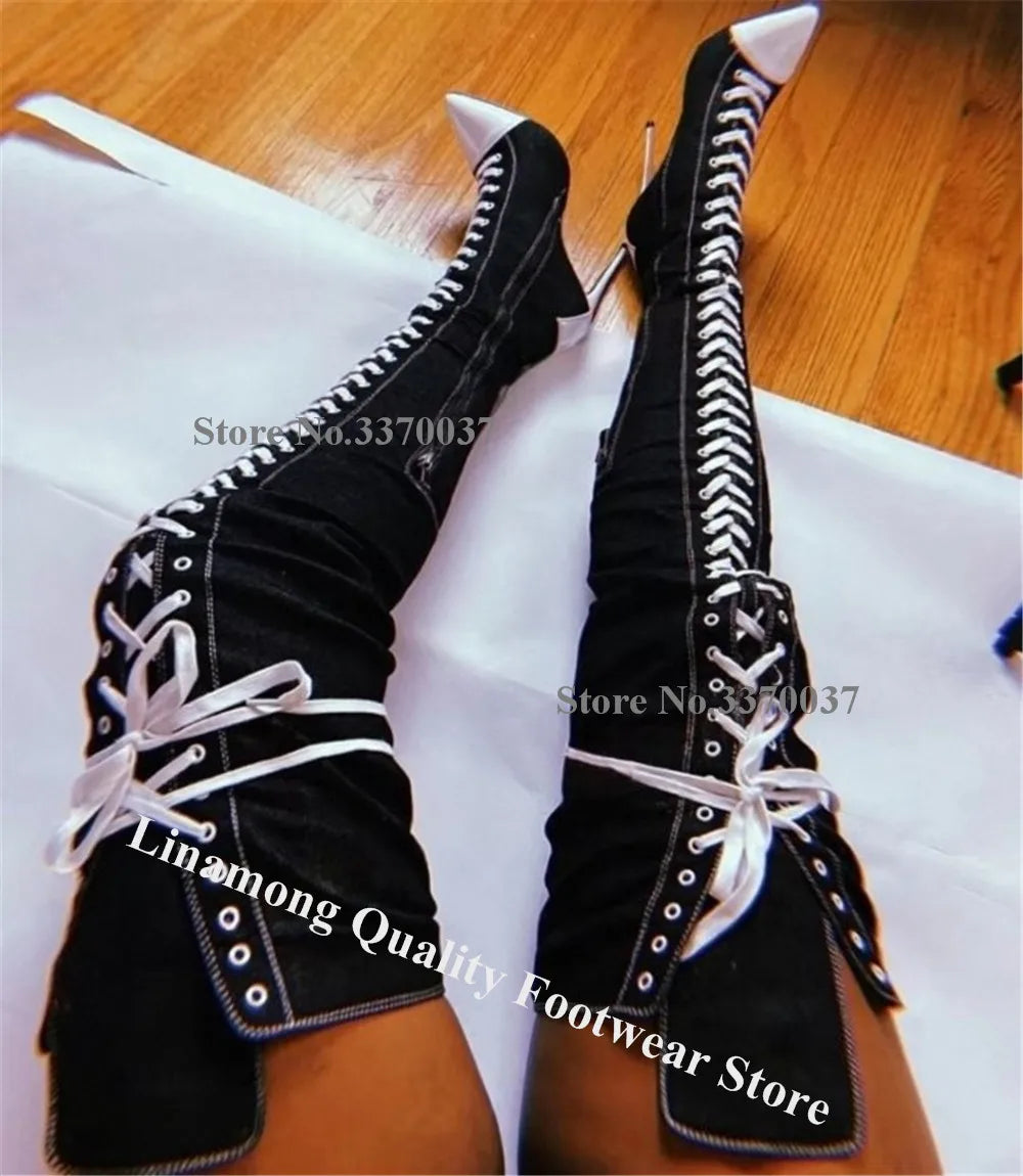 Linamong Blue Black White Denim Patchwork White Stiletto Heel Over Knee Boots Pointed Toe Lace-up Slim Thin Heel Long Boots