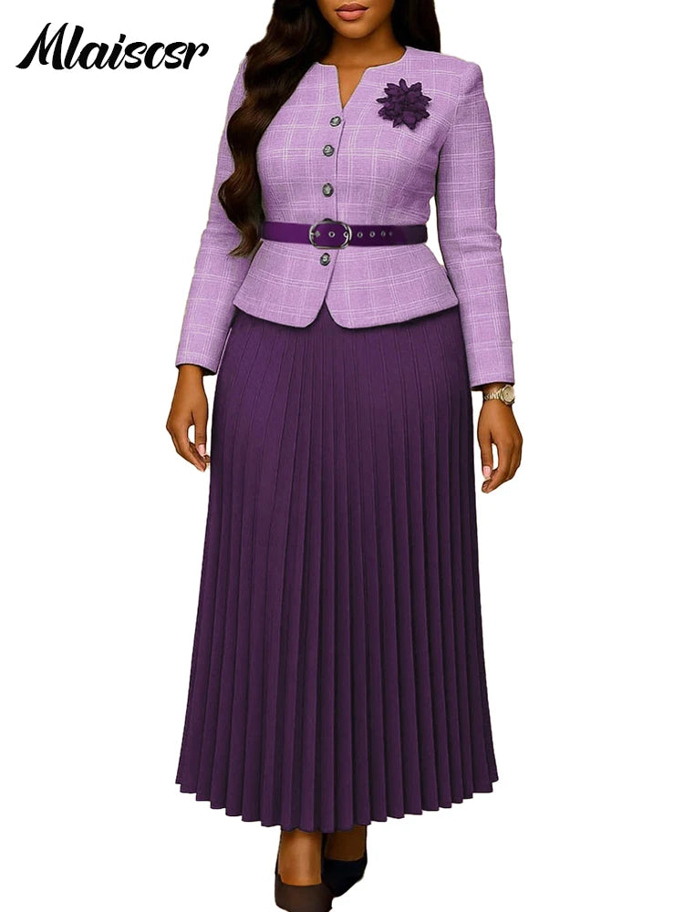 Mlaiscsr Fashion Plaid Blazer Suits for Woman Button 3D Floral Brooch Belt and Pleated Skirt 2 Piece Set Female Office Outfits