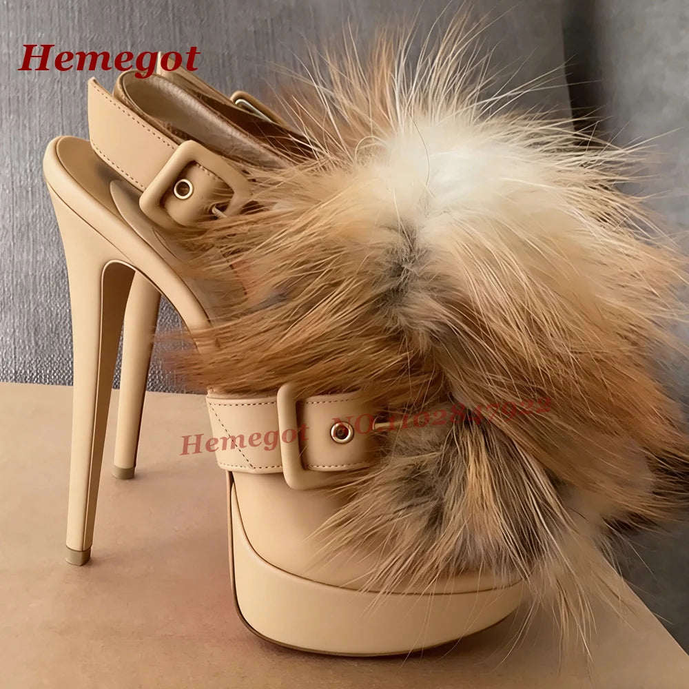 Fluffy Fur Platform Buckled Sandals Round Toe Stiletto High Heels Slingback Women's Sandals Side Air Autumn Suede Patchwork Shoe