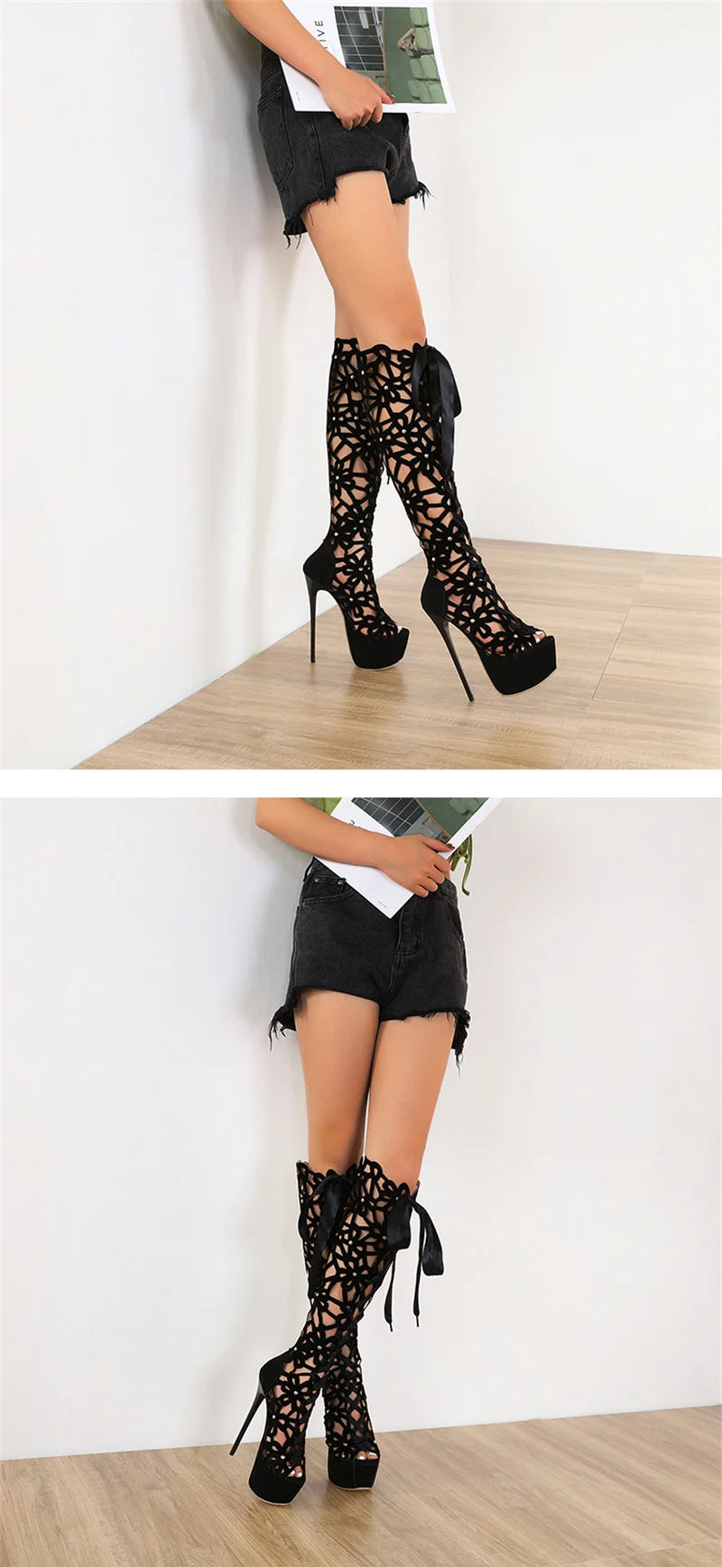 16CM Ultra Thin High Heels Sexy Nightclub Hollow Out Over The Knee Boots Women Peep Toe Lace-Up Zip Platform Shoes Sandals