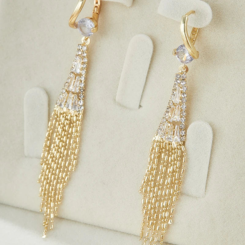Luxury Cubic Zirconia Long Tassel Golden Earrings for Women Exquisite Water Drop Earring Wedding Party Valentine's Day Gifts
