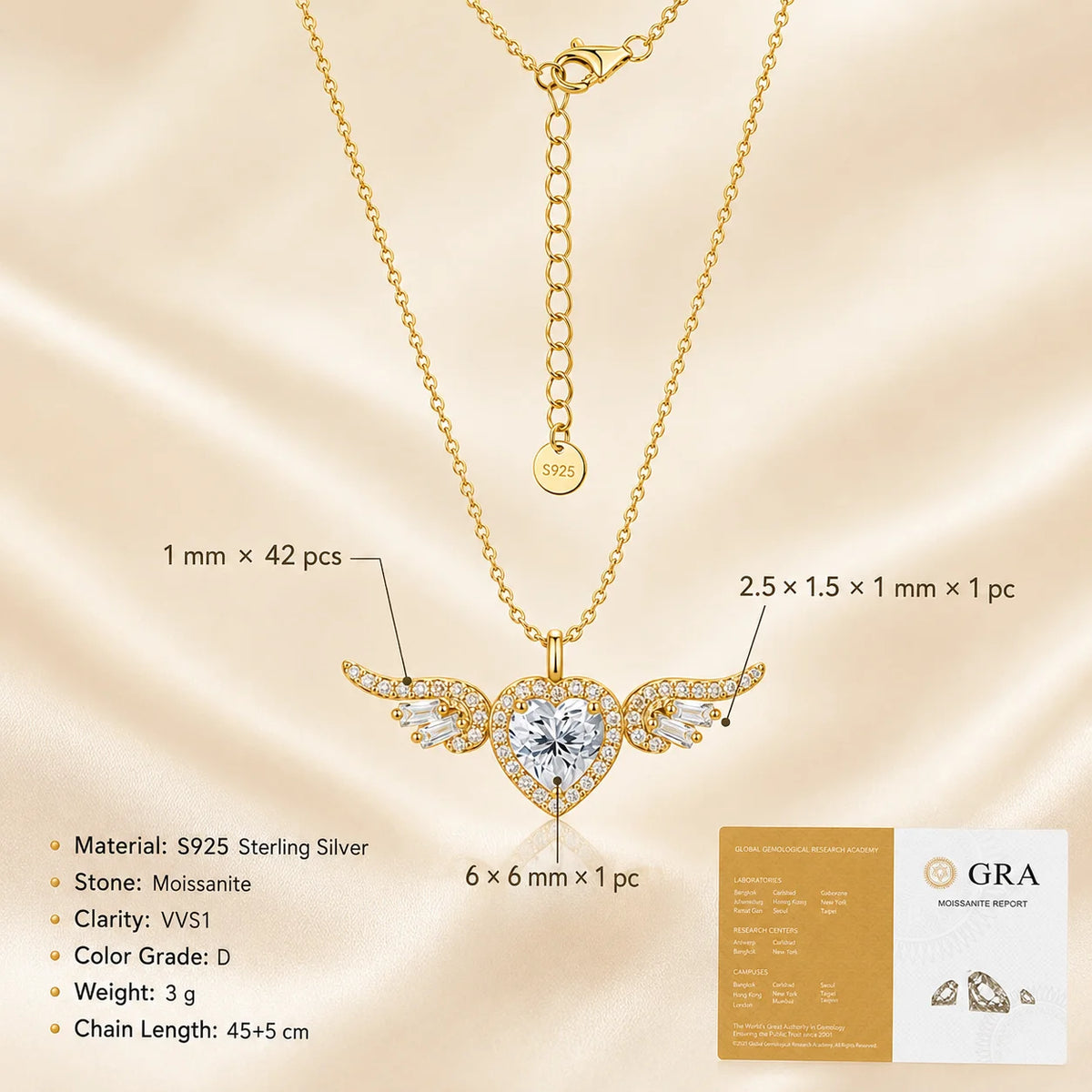 Angel Wings Heart Moissanite Pendant Necklace Baguette Cut S925 Sterling Silver D Color VVS1 GRA Certified Gift for Women