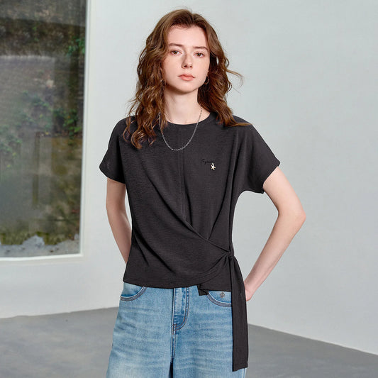 TOYOUTH Women's Asymmetric Wrap Tie T-Shirt 2026 Summer New Long Sleeve Starfish Print Loose Pullover Top
