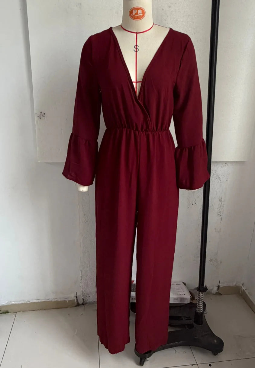 Women Sexy Deep V Neck Flare Sleeve Jumpsuits Spring Autumn Solid Crinkle High Waist Loose Casual Holiday Wide Leg Pants Romper