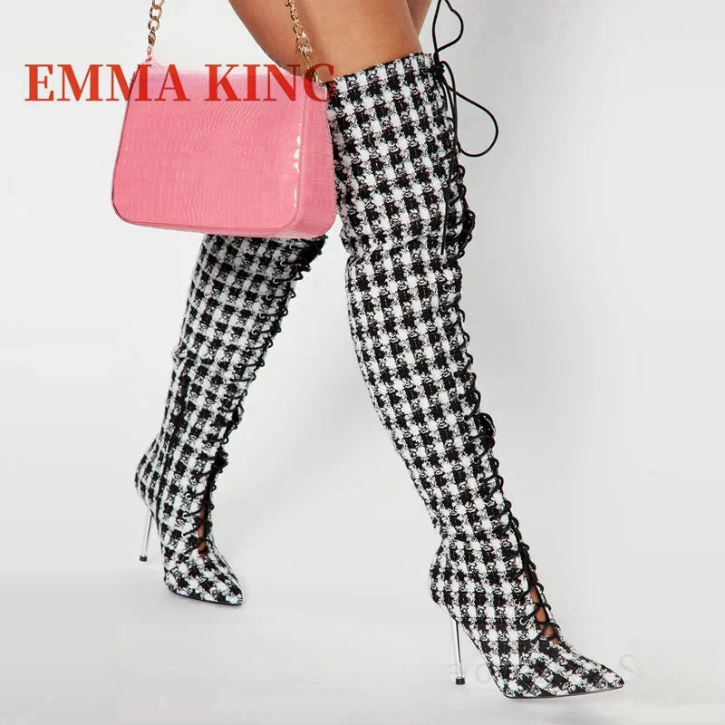 Women Plaid Lace Up Boots Sexy Pointy Toe Stiletto Heel Long Boots Ladies Fashion Footwear Non- Stretch Fabric Botas De Mujer 44