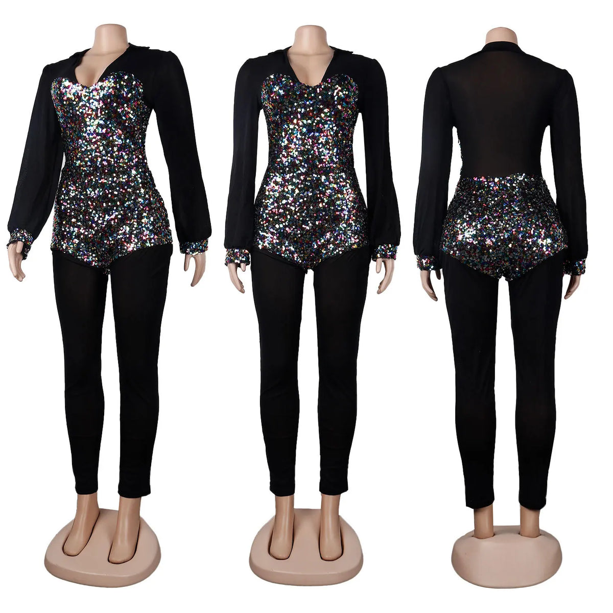 Sequined Club Pencil Jumpsuit Sexy Women V-neck Bodycon Autumn Sequins Party Overalls Romper