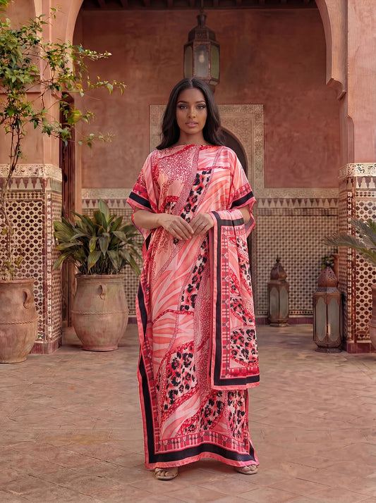 Mixed Leopard Zebra Print Abaya With Scarf, Loose Maxi Kaftan For African Muslim Women Summer Beach Holiday Wear