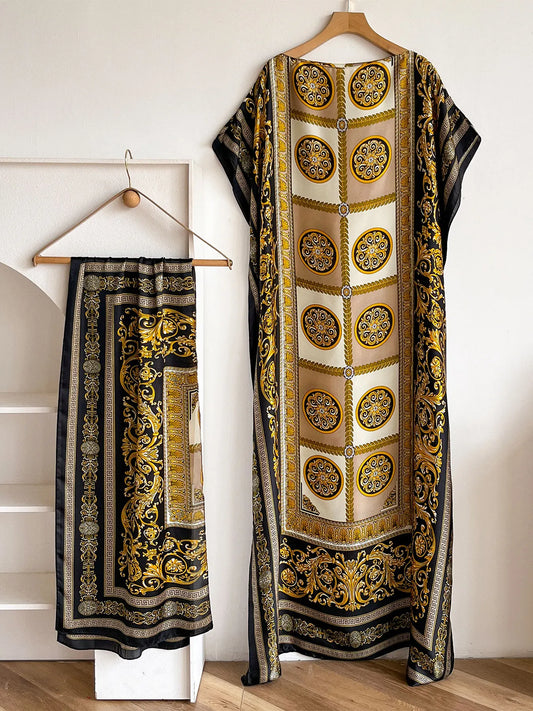 Vintage Baroque Medallion Satin Print Abaya With Scarf, Loose Maxi Kaftan For African Muslim Women Summer Beach Holiday Wear