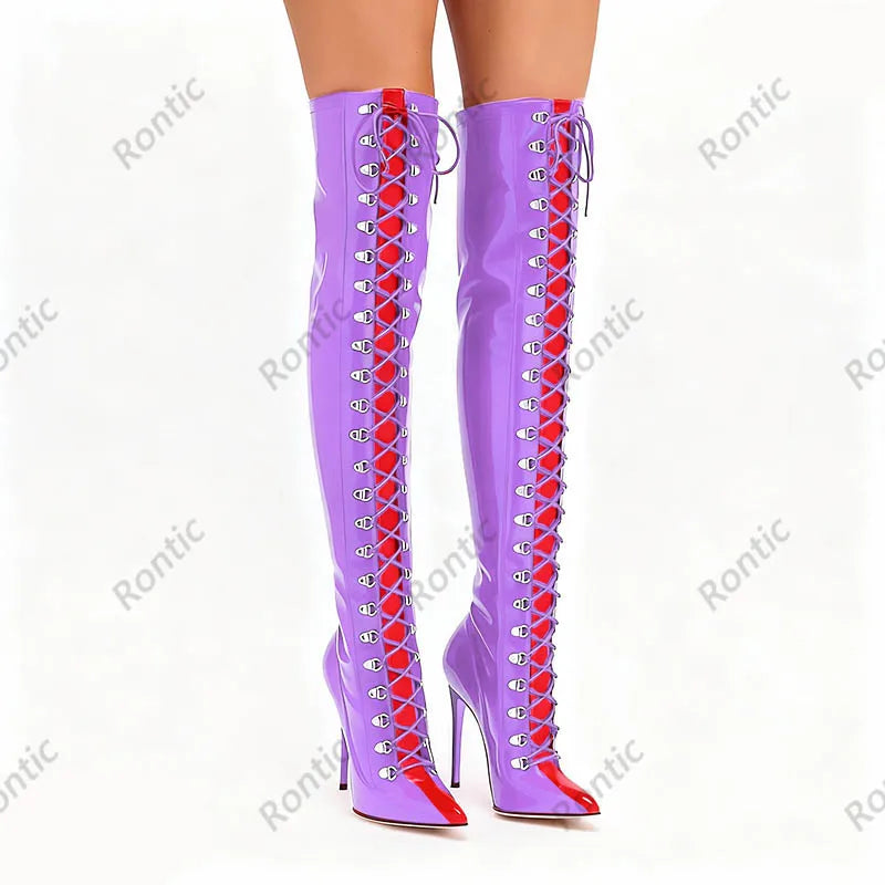 Rontic Custom Crafted Blue Thigh High Boots Stiletto Heel Design Red Detail Laces Pointed Toe Patent Leather Artisan Size 5-15