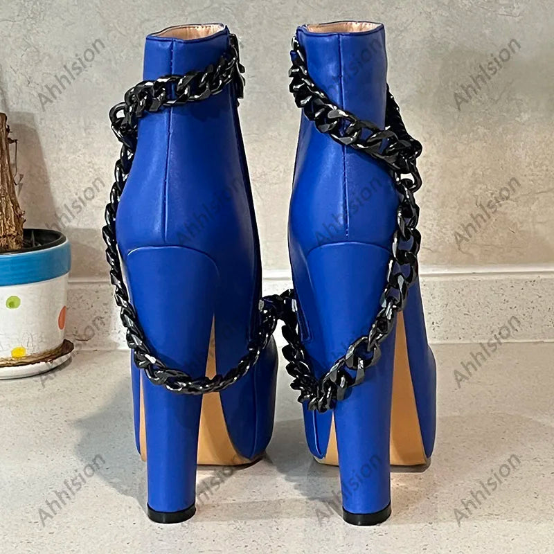 Ahhlsion New Women Winter Ankle Boots Platform Chunky Heels Chain Round Toe Pretty Blue Party Shoes Ladies US Plus Size 5-20