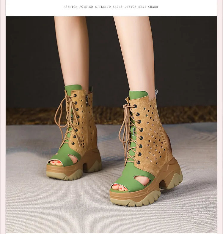 Women's Peep Toe Wedge Boots Summer Hollow Out Lace Up Side Zipper Platform Wedge Heel Breathable Fashion Retro Casual Shoes