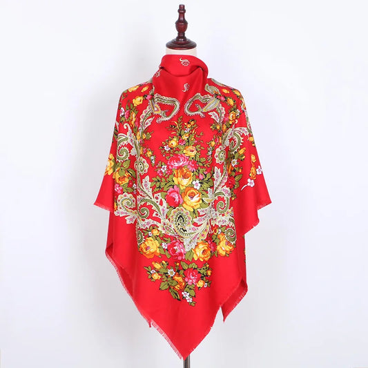 Russian Women Big Size Square Scarf Luxury Floral Print Bandana Wraps Female Retro Short Tassel National Shawl