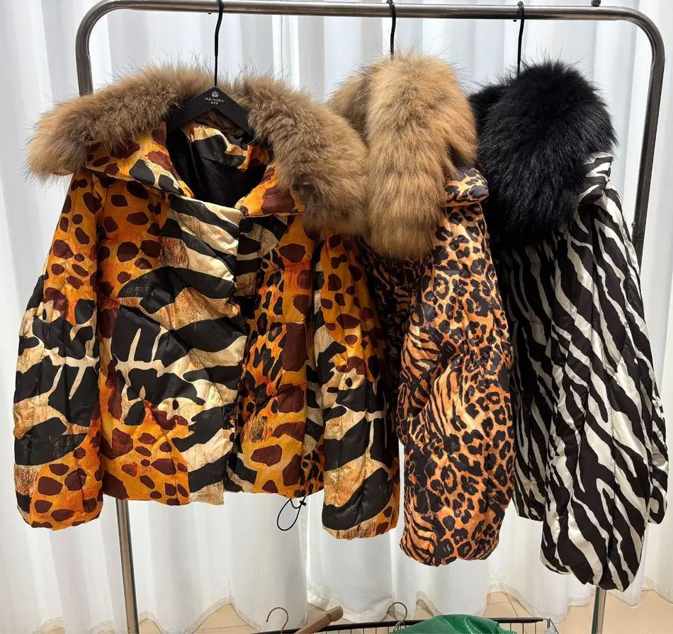Women's Leopard Print down Jacket European Winter Natural Raccoon Fur Collar Short Warm Duck down Coat