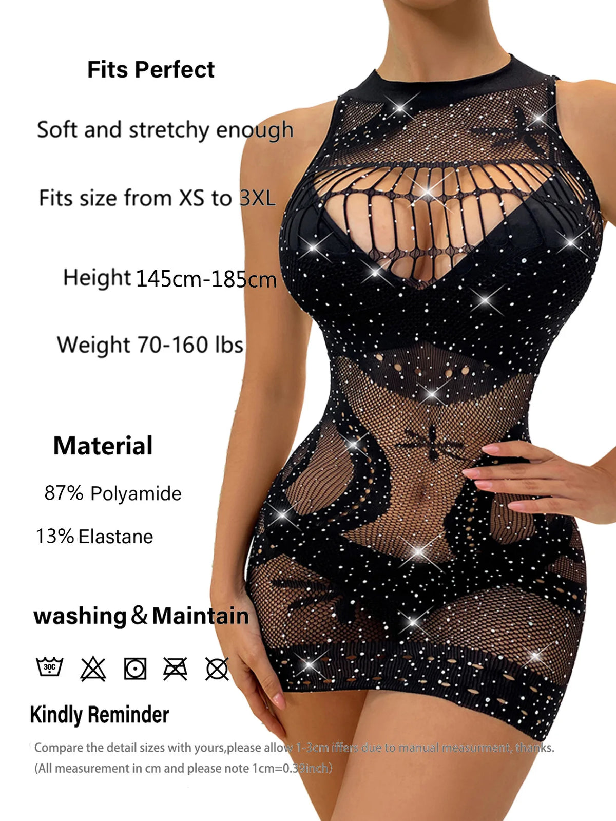 Sexy Rhinestone Fishnet Lingerie for Women, See Through Mesh Hollow Out Bodysuit, Sparkly Y2K Hot Lenceria One Piece Outfit