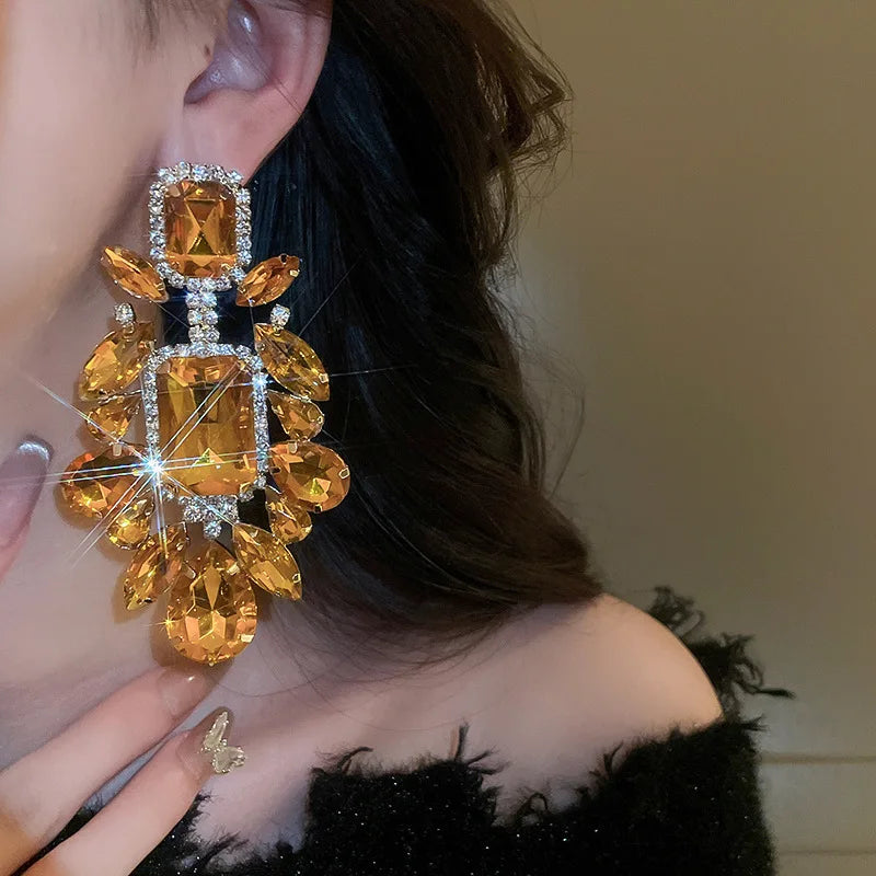 Orange Rhinestone Geometric Earrings for Women Retro Exaggerated Drop Earrings Temperament Party Accessories Girls Gifts