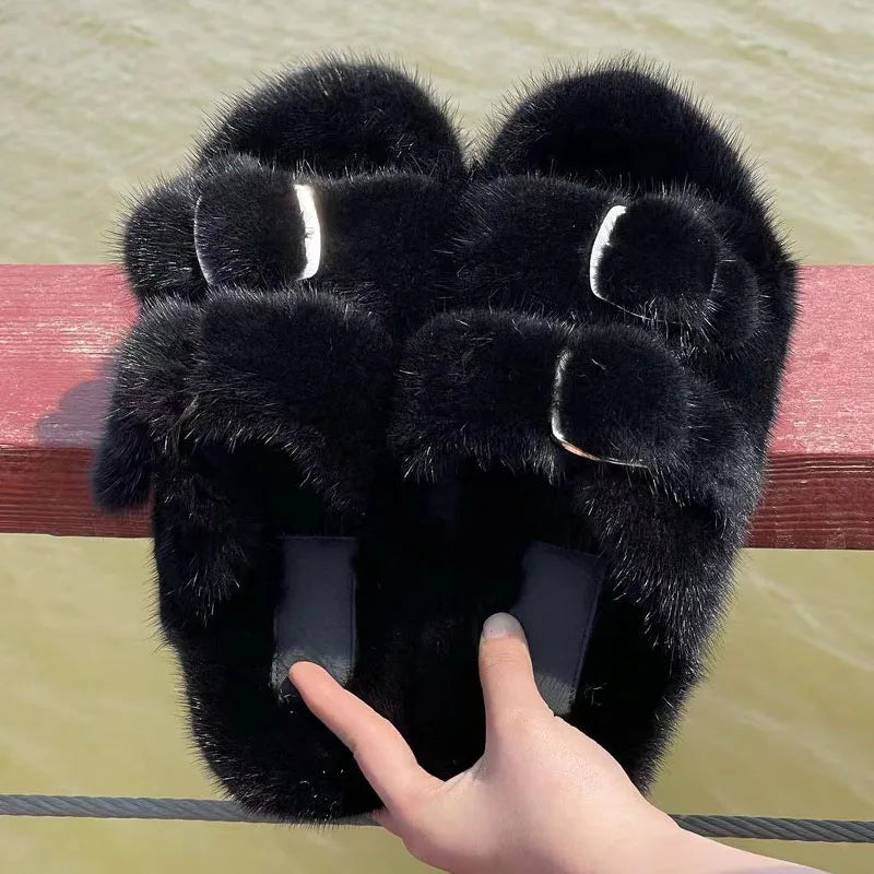 Luxury Designer Slipper Women 2025 Winter European Fashion Women's Shoes Ladies Slippers 100% Mink Slippers Shoes for Woman