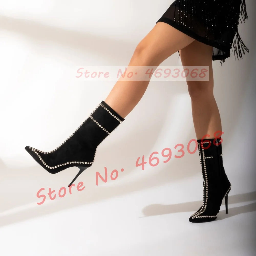 Pointed Toe Rivets Trim Heeled Ankle Boots Women Trendy Bling Studded Suede Leather Booties Luxury Side-zip Metal Dacor Shoes