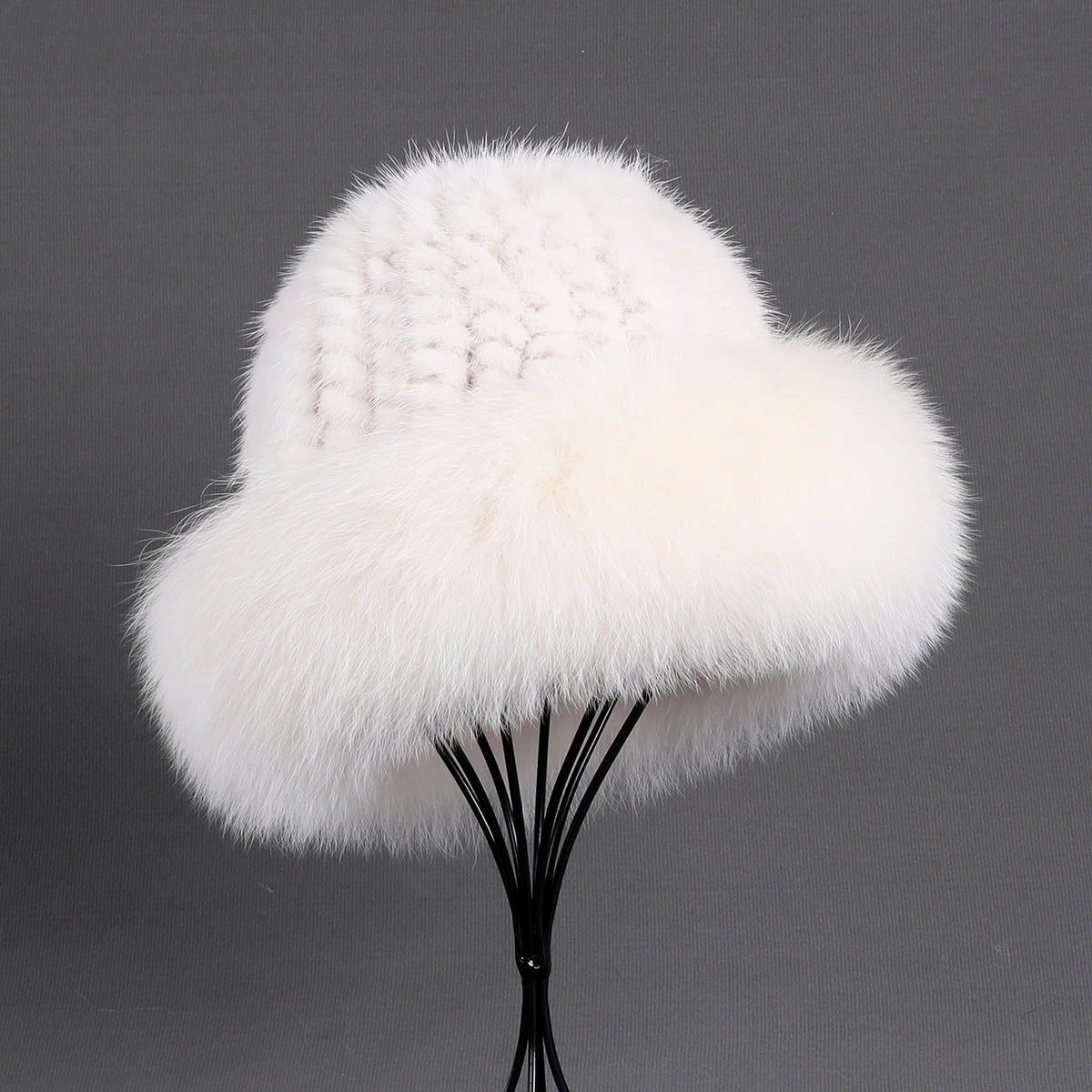 Women's Winter Warm Genuine Premuim Mink Fur Knitted Bucket Hat Furry Real Fur Caps Big Fox Fur Trim Brim Adjustable