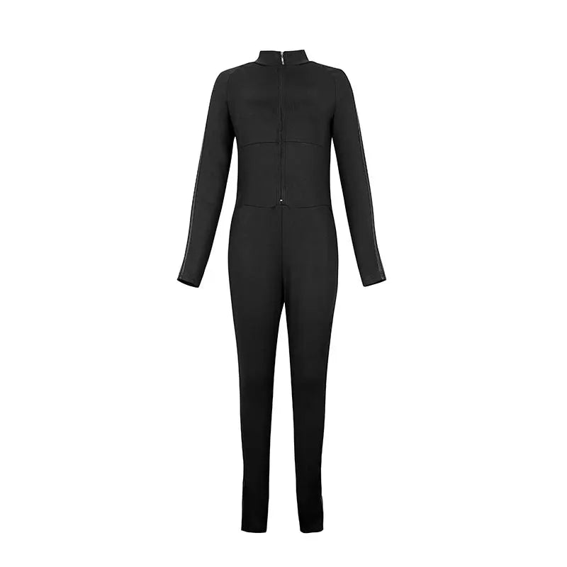 Krisnanas Woman's Clothes Black Jumpsuits Long Sleeve Side Patchwork Striped Zipper Collar Skinny Sporty Yoga Jumpsuit 106346