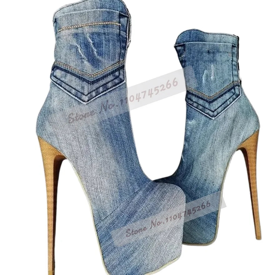 Wooden Stripe Pattern Stiletto Heel Ankle Boots Brown Suede Denim Platform Short Booties Elegant Fall Winter Outside Dress Shoes
