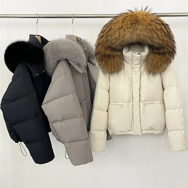 women's winter down jacket 2026 new detachable fox fur collar hooded women's down coat White duck down filled warm thick coat