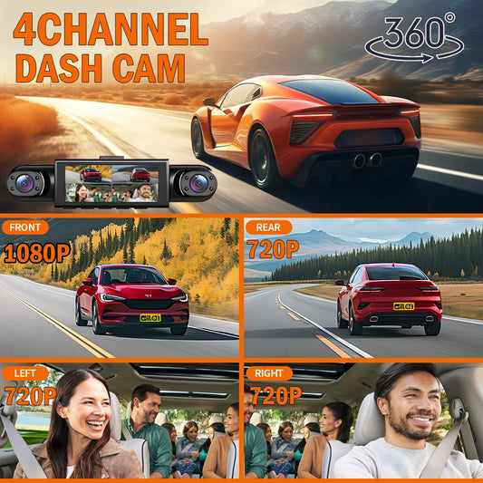 4 Channel Dash Cam 360° Car Video Recorder Black Box with Night Vision 24/7 Parking Monitor G-Sensor Loop Recording Auto Parts
