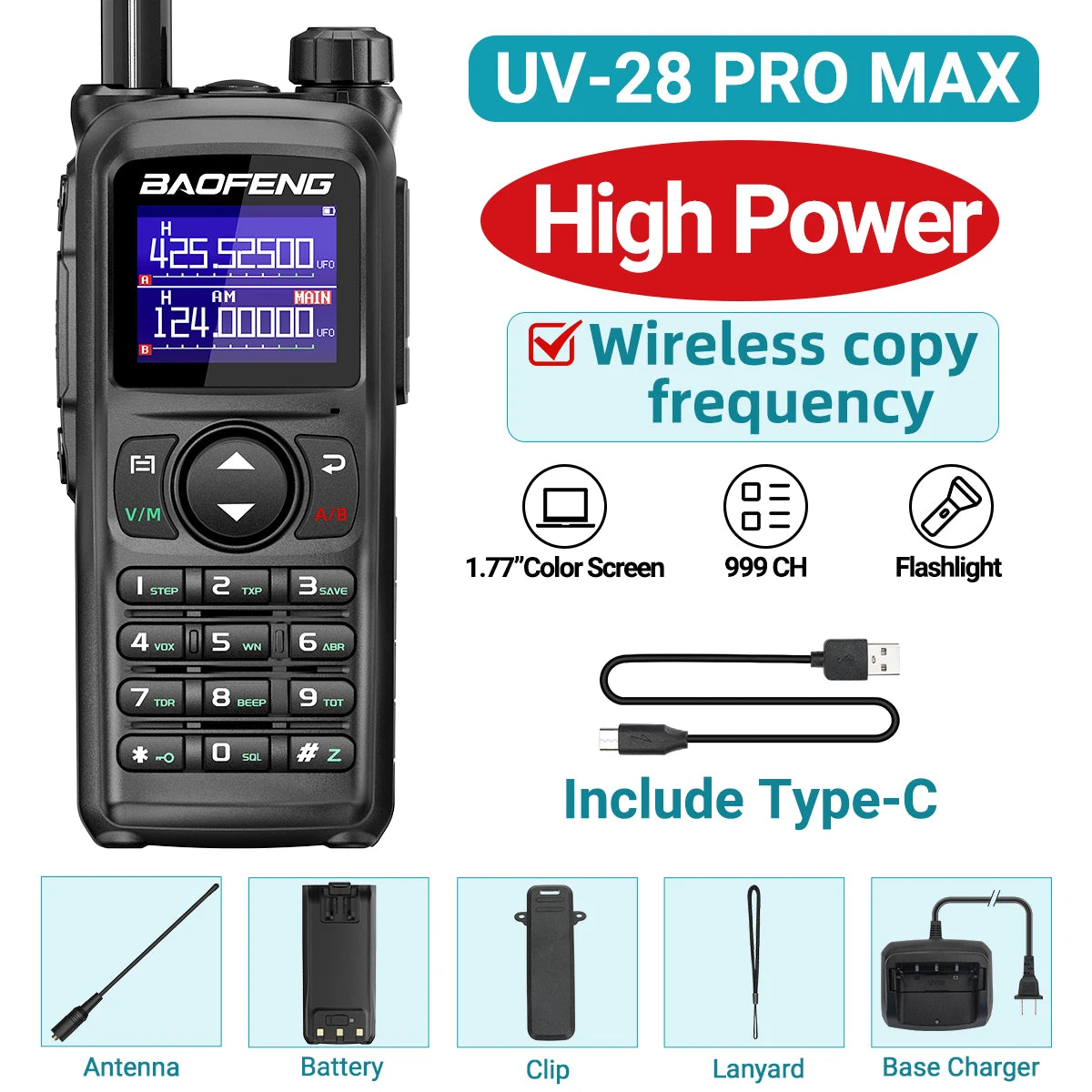 BAOFENG UV-28 PRO MAX Walkie Talkie 10W Multi-Band Wireless Copy Frequency 999CH DTMF Type-C AM FM NOAA Long Range Two Way Radio