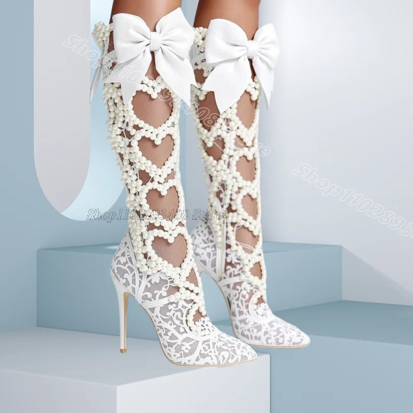White Bowknot Pearl Decor Boots Lace Pointed Toe Stiletto Spring for Women Party Dress Elegant Boots 2025 Zapatos Para Mujere