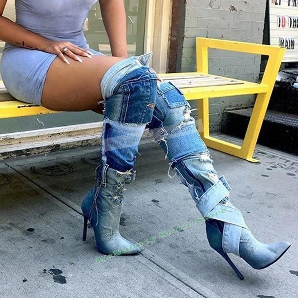 Holed Cowboy Shoes Boots Pointed Toe Thin High Heels Mixed Colors Spring Autumn Slip On Women Shoes Over The Knee Designer Sexy
