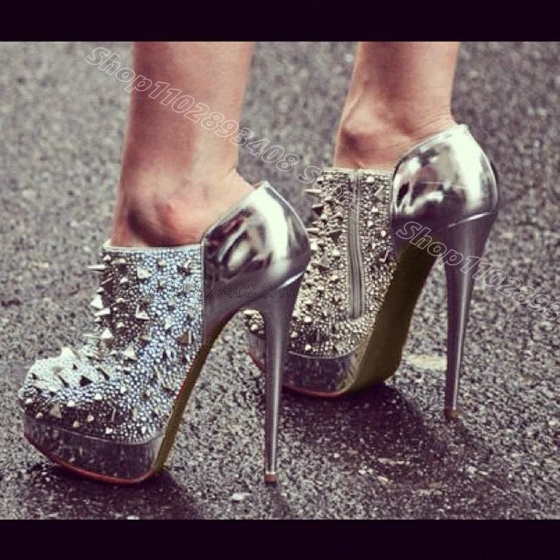 Silver Rivet Glitter Platform Pumps Side Zipper Stylish British Style Stiletto Women Casual Party Boots 2025 Zapatos Para Mujere