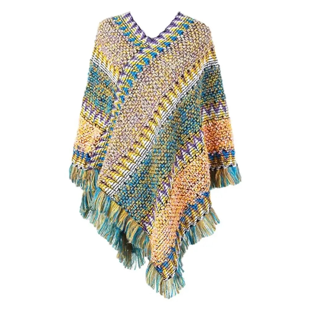 Coat Overlays Winter Warm Mongolian Poncho Striped Polyester Knitting Wraps Ethnic Style Pullover Tassel Shawl Women Fashion