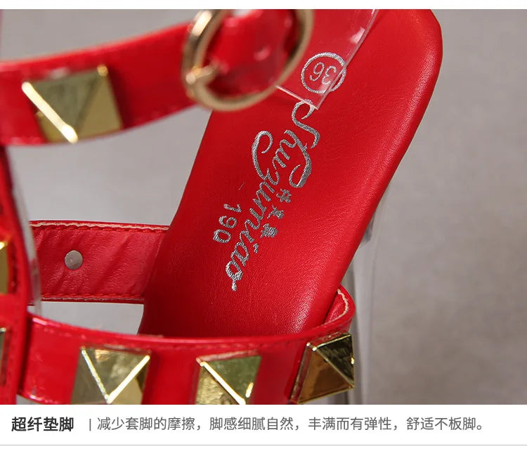 Women's Platform Sandals Rivet Pull Sandals Transparent High Heel 13CM Slim Heel Summer Waterproof Table LFD-1099-36