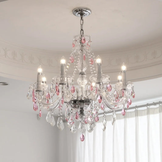 French Romantic Crysatl Candle Chandelier Luxury Glass Pink E14 Pendant Lights Living Room Art Decor Led Lamparas Bedroom Lamp