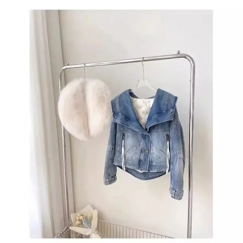 Winter Thickened Short Denim Jacket Fashion Parkas Jeans Jacket Luxury Fur Coat Removable Fur Collar Cotton Jacket New