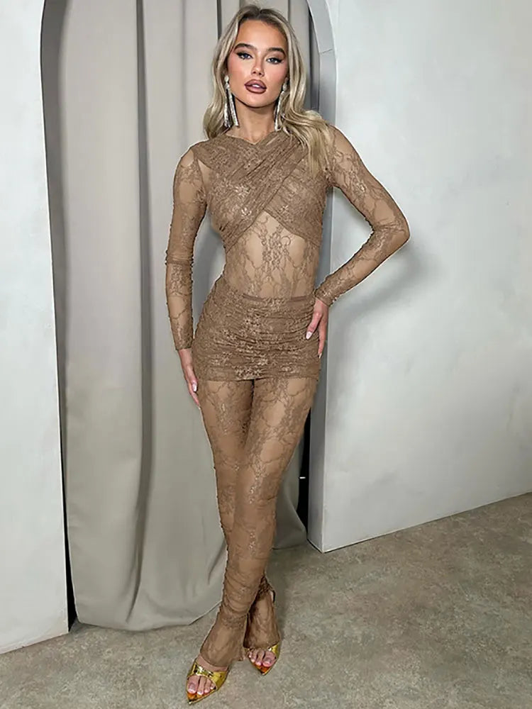 GACVGA New Lace Jumpsuits for Women Long Sleeve See Through Romper With Skirts Two Piece Set Sexy Party Club Jumpsuit