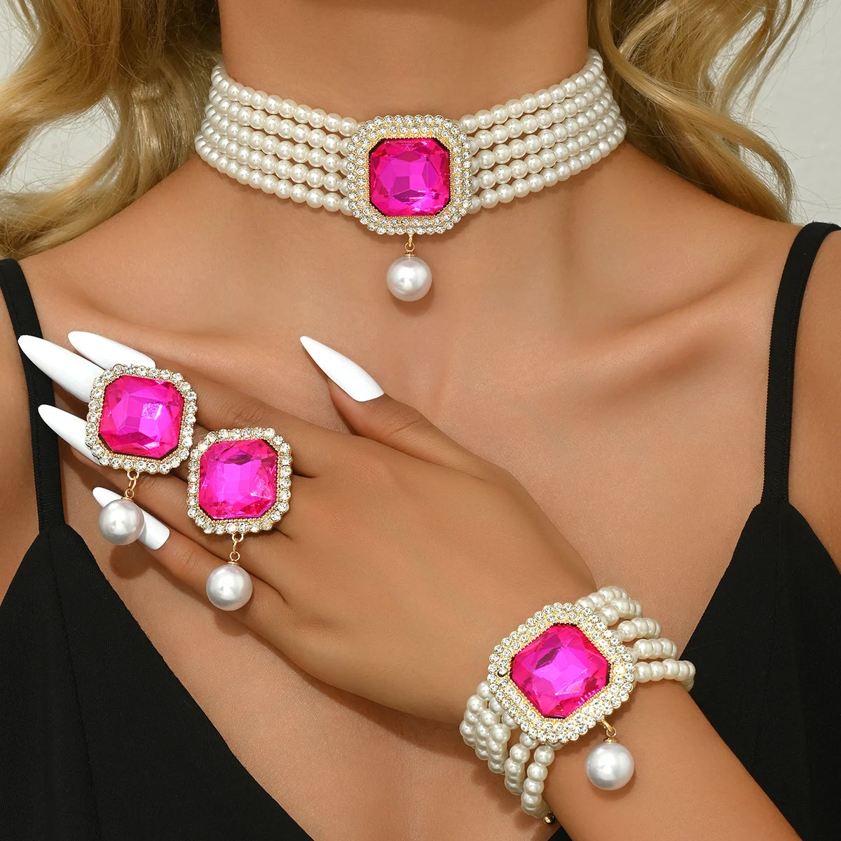 Women's Fashion Light Luxury Short Style Imitation Pearl Rhinestone Necklace Earrings Bracelet Jewelry Set Party Festival Gift