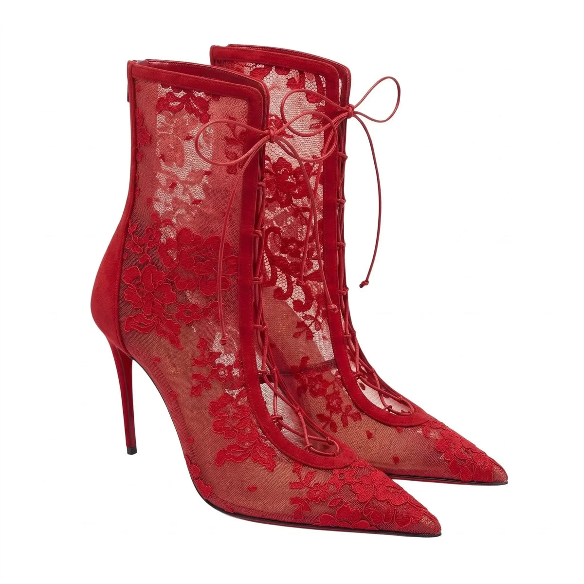 2026Spring and Summer Pointed Black Mesh Fine High Heels Knee Length Cool Boots Embroidered Lace Up Party Wedding Women's Boots