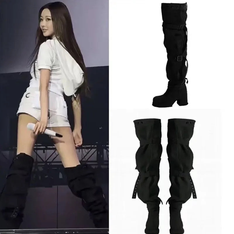 Fashion Model Women's Shoes Punk Style Buckle Over The Knee Boots for Woman Exquisite Platform Boots Designer Shoes Botas Mujer