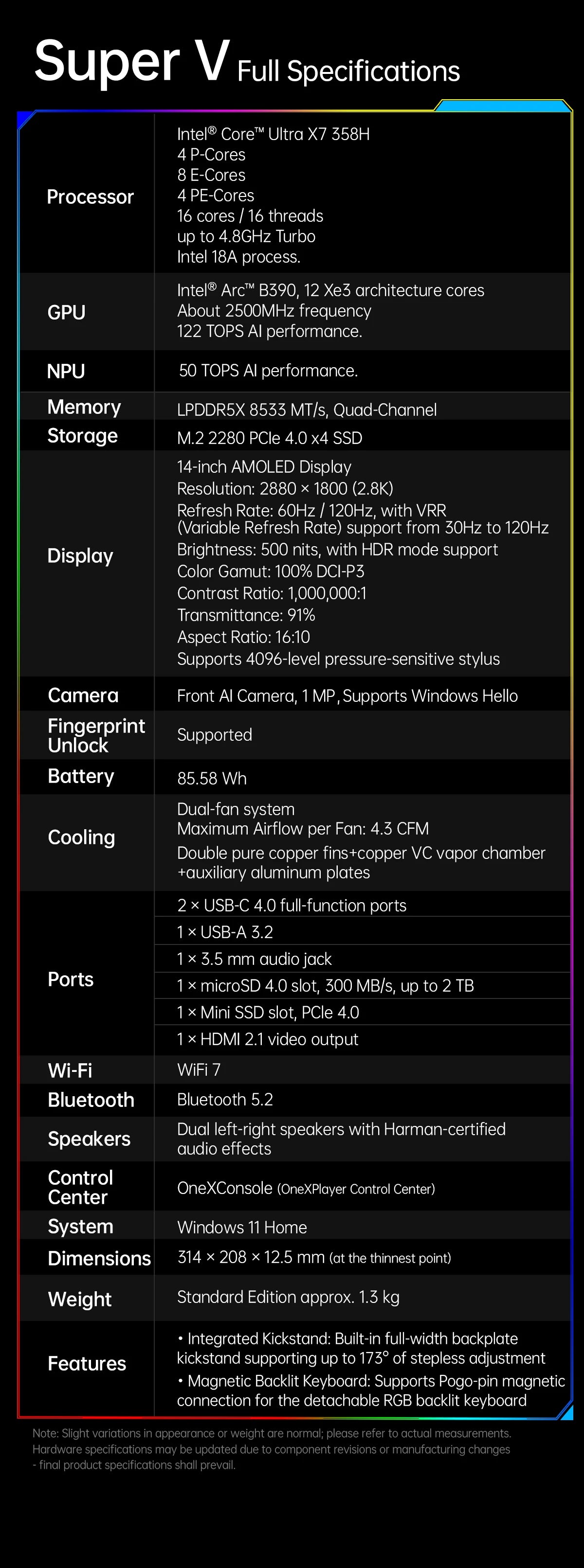 OneXPlayer Super V 2-in-1 Portable Gaming Tablet Laptop Intel Ultra X7 358H OLED Touch Screen Mini AI Workstation