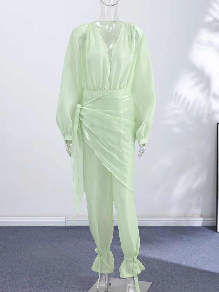Sexy See Through Women's Jumpsuit V-Neck Long Lantern Sleeve Lace-Up Scarf Lady Rompers 2026 Summer Autumn Female Wear New